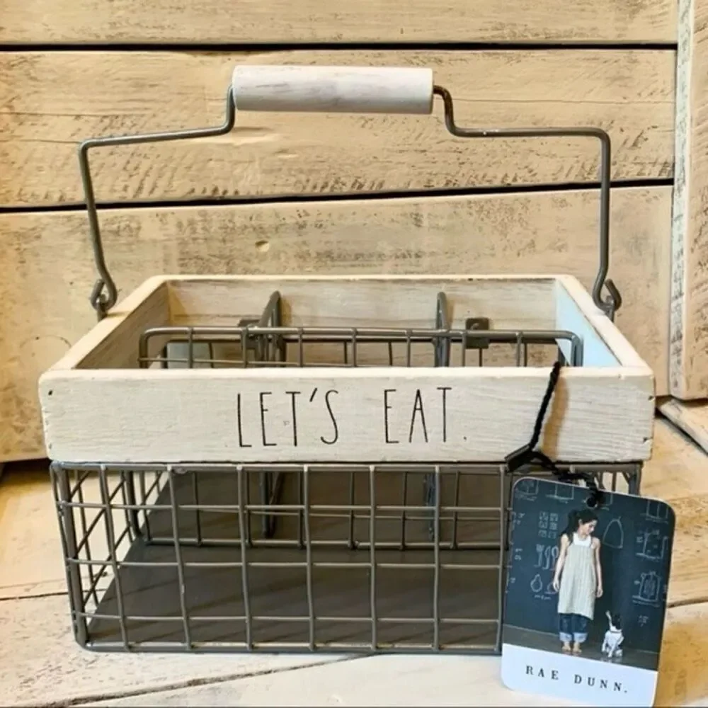NWT Rae Dunn Let’s eat Caddy Utensils Organizer wire Wood Handle Big Lettering